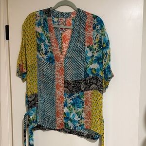 Johnny Was Colorful Floral Patchwork Women's Short Sleeve Top w/Tie Side Details